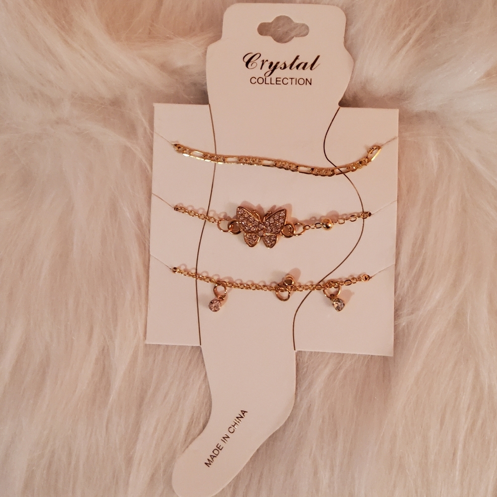 BUTTERFLY GOLD ANKLE BRACELET WITH EXTENDER 3 PIECE SET